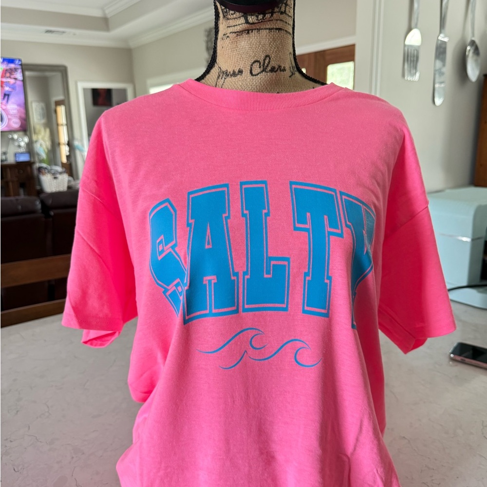 Vibrant Pink Tee with Blue 'SALTY' Graphic